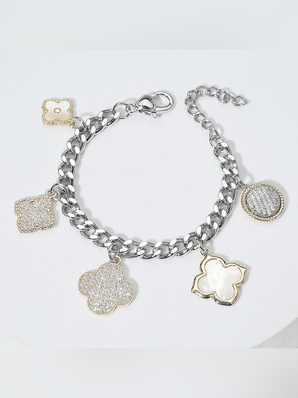 14K Gold Plated CZ Stone Paved Mother of Pearl Quatrefoil Charm Station Bracelet